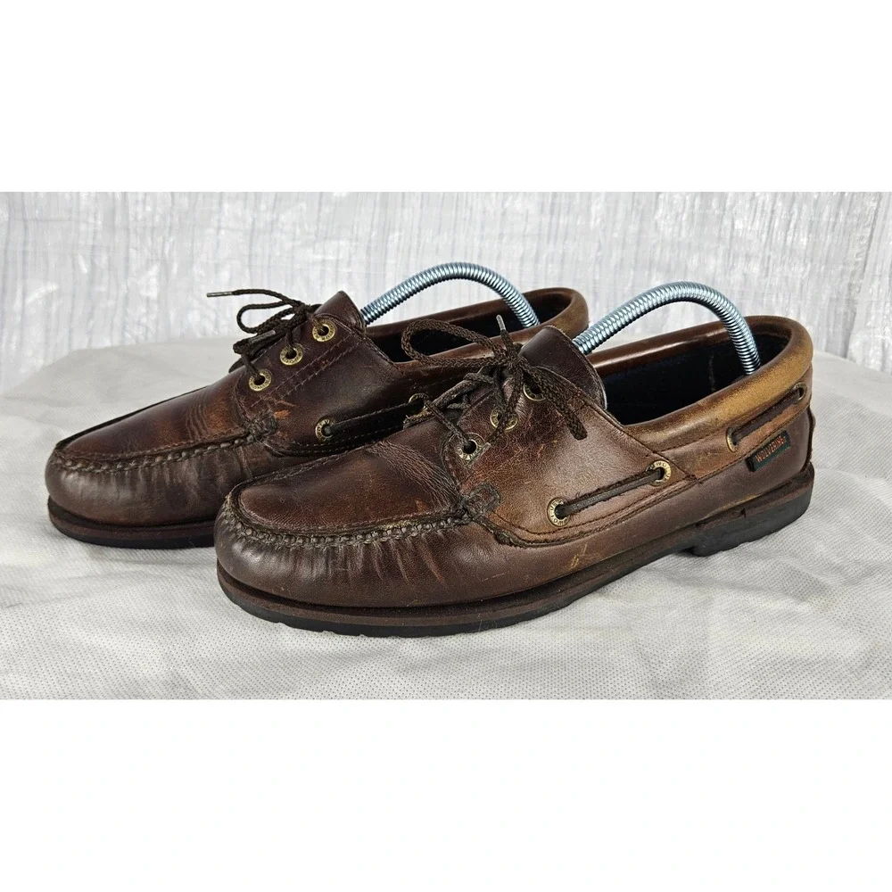 Wolverine Men's 9.5 Brown Leather Boat Shoes Lug Sole Moc Toe Loafers